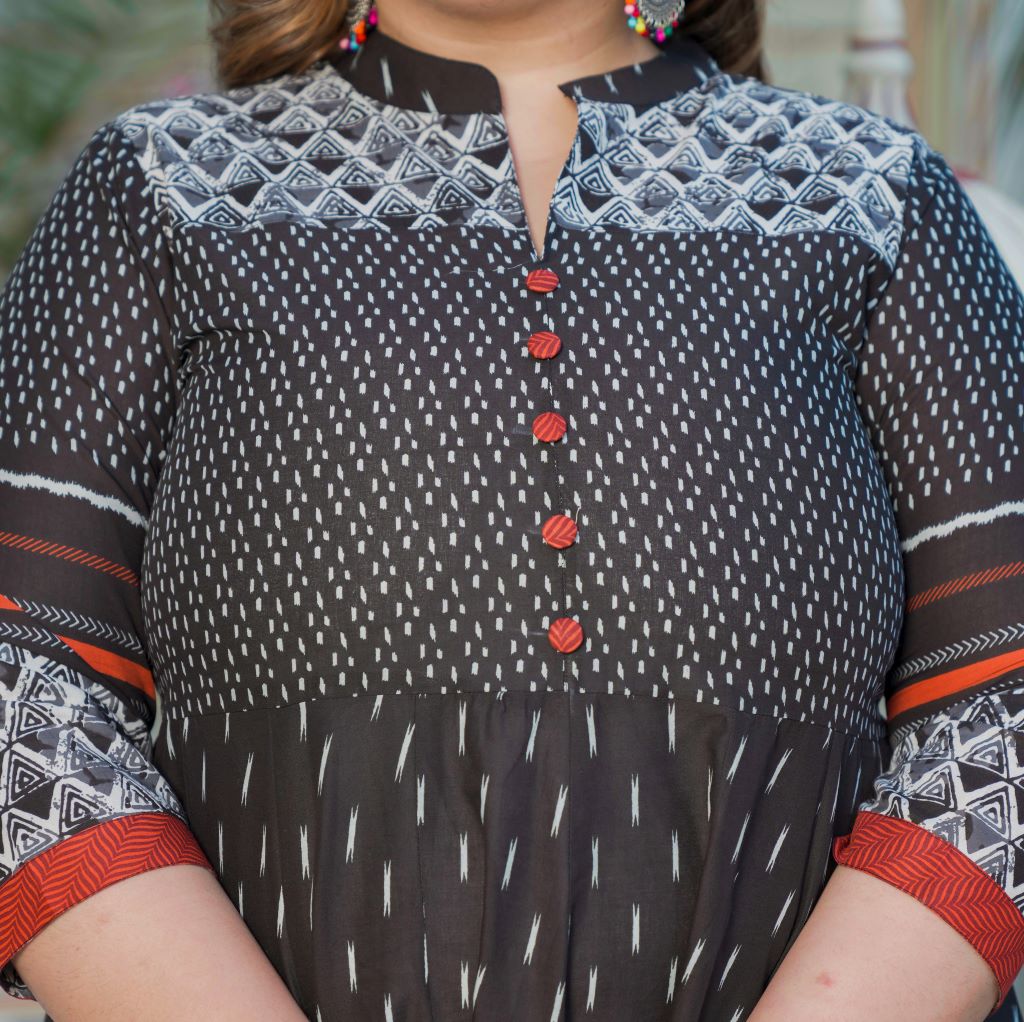 yash gallery womens plus size cotton ikat printed anarkali kurti black