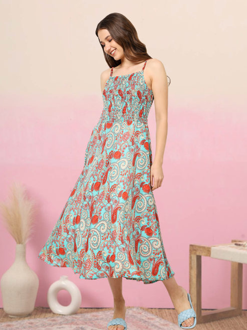 yash gallery womens green floral smoking embroidered flared dress green