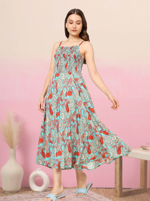 yash gallery womens green floral smoking embroidered flared dress green