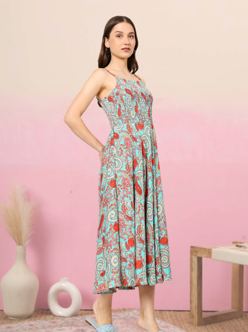 yash gallery womens green floral smoking embroidered flared dress green