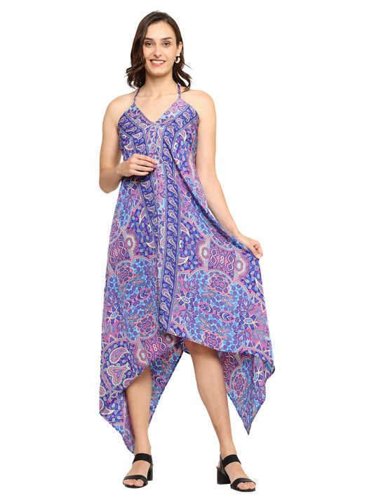 Yash Gallery Women's Blue Floral Flared & Fitted Dress (Blue)