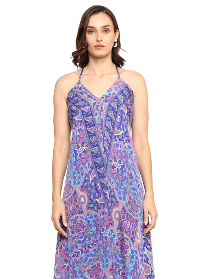 Yash Gallery Women's Blue Floral Flared & Fitted Dress (Blue)