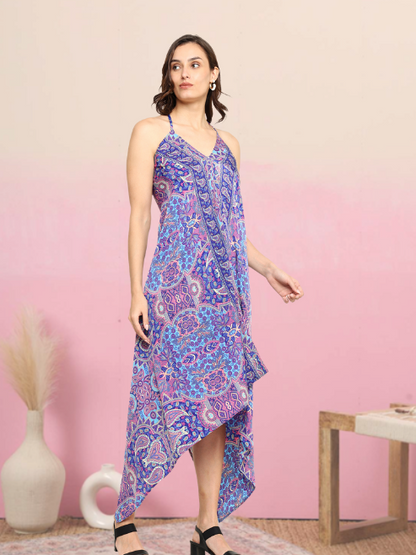 yash gallery womens blue floral flared fitted dress blue