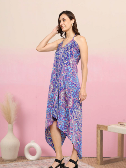 yash gallery womens blue floral flared fitted dress blue