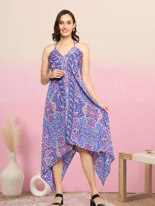 yash gallery womens blue floral flared fitted dress blue
