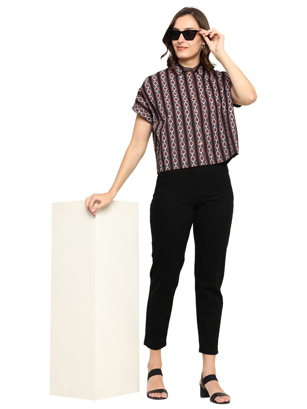 akiko womens black geomatrical printed oversized shirt black