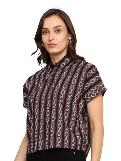 akiko womens black geomatrical printed oversized shirt black