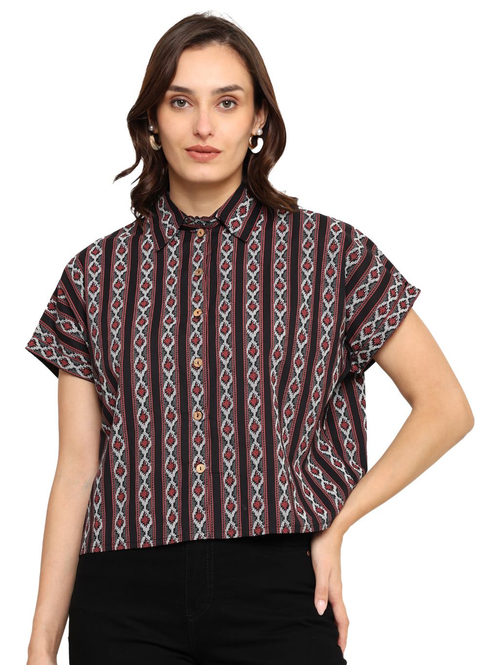 Akiko Women's Black Geomatrical Printed Oversized Shirt (Black)