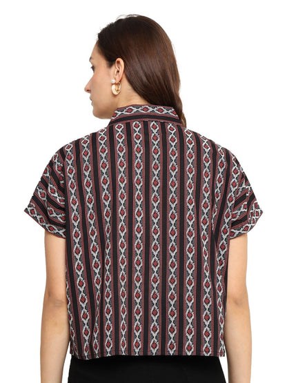 Akiko Women's Black Geomatrical Printed Oversized Shirt (Black)