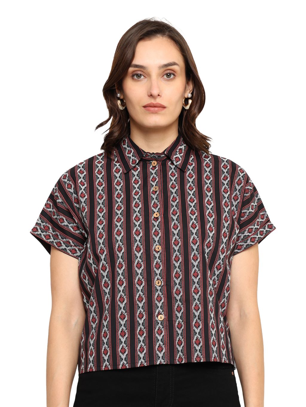 akiko womens black geomatrical printed oversized shirt black