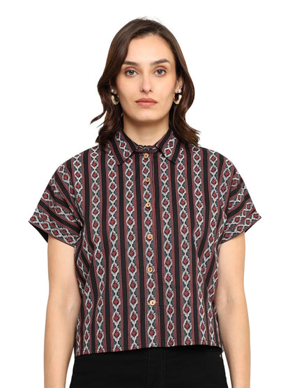 akiko womens black geomatrical printed oversized shirt black