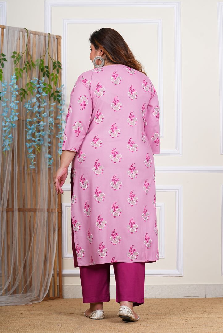 Yash Gallery Women's Plus Size Rayon Calf Length Round Neck 3/4 Sleeves Floral Buti Print Round Neck With Potli Buttons Detailing Straight Kurta With Pant And Duptta (Pink)