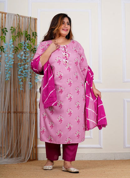 Yash Gallery Women's Plus Size Rayon Calf Length Round Neck 3/4 Sleeves Floral Buti Print Round Neck With Potli Buttons Detailing Straight Kurta With Pant And Duptta (Pink)