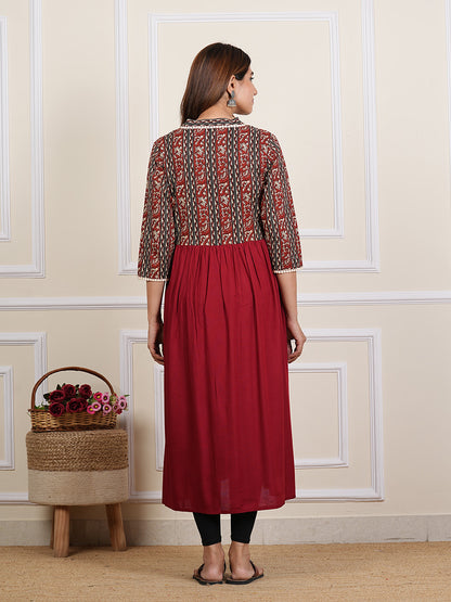 Yash Gallery Women’s Rayon Printed Kurta with Cotton Slub Pant, 3/4 Sleeves, Calf-Length Kurti & Solid Bottom (Maroon)