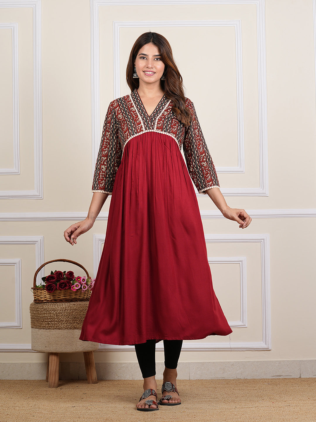 Yash Gallery Women’s Rayon Printed Kurta with Cotton Slub Pant, 3/4 Sleeves, Calf-Length Kurti & Solid Bottom (Maroon)