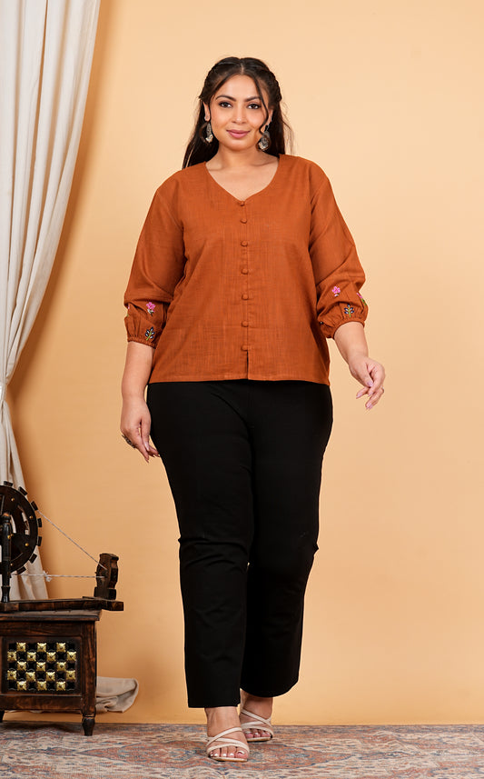 Yash Gallery Women’s Cotton Stripe Solid Brown Top with Embroidered Sleeves | V-Neck, 3/4 Puff Sleeves | Casual & Ethnic Wear