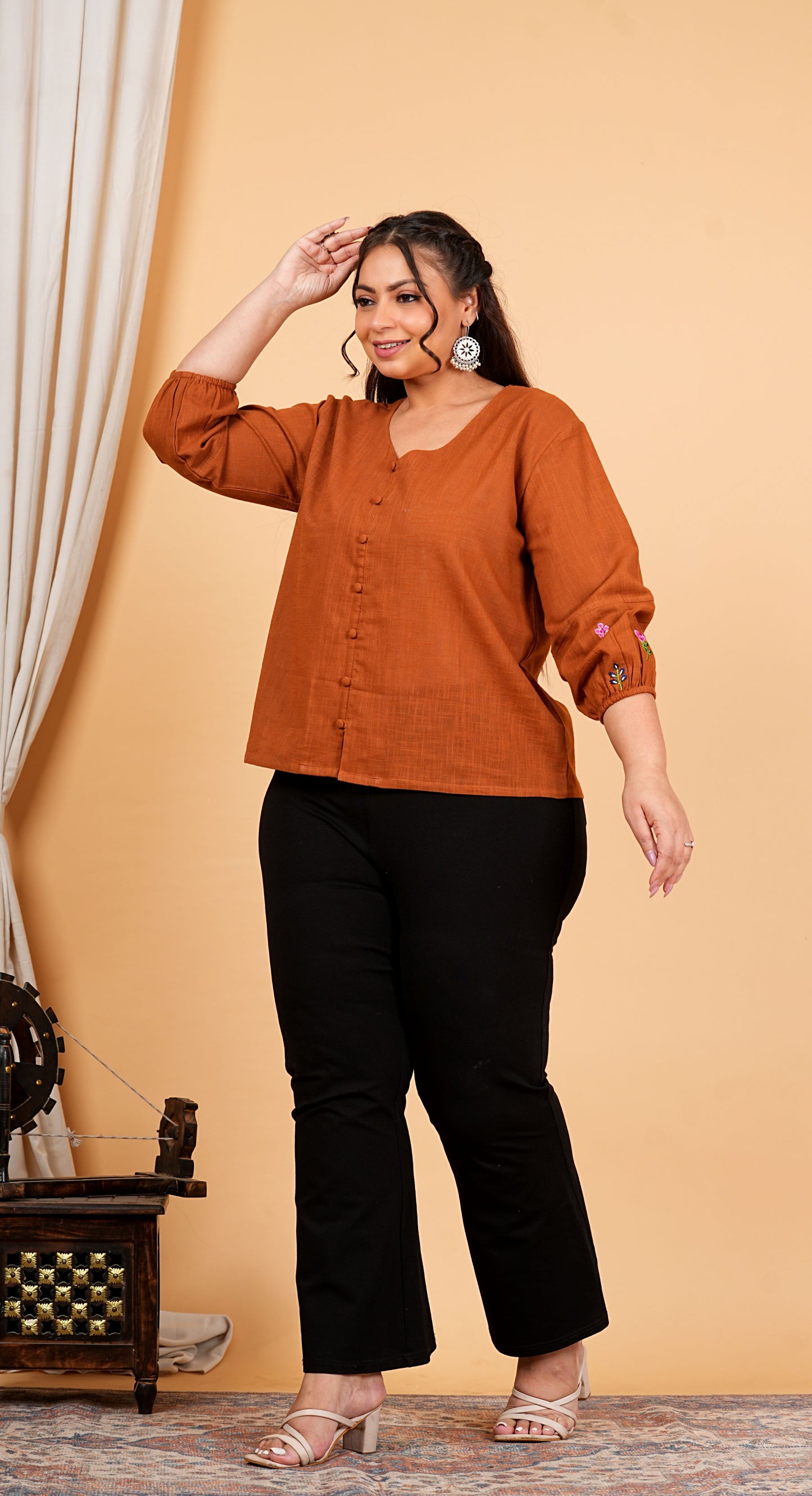 Yash Gallery Women’s Cotton Stripe Solid Brown Top with Embroidered Sleeves | V-Neck, 3/4 Puff Sleeves | Casual & Ethnic Wear