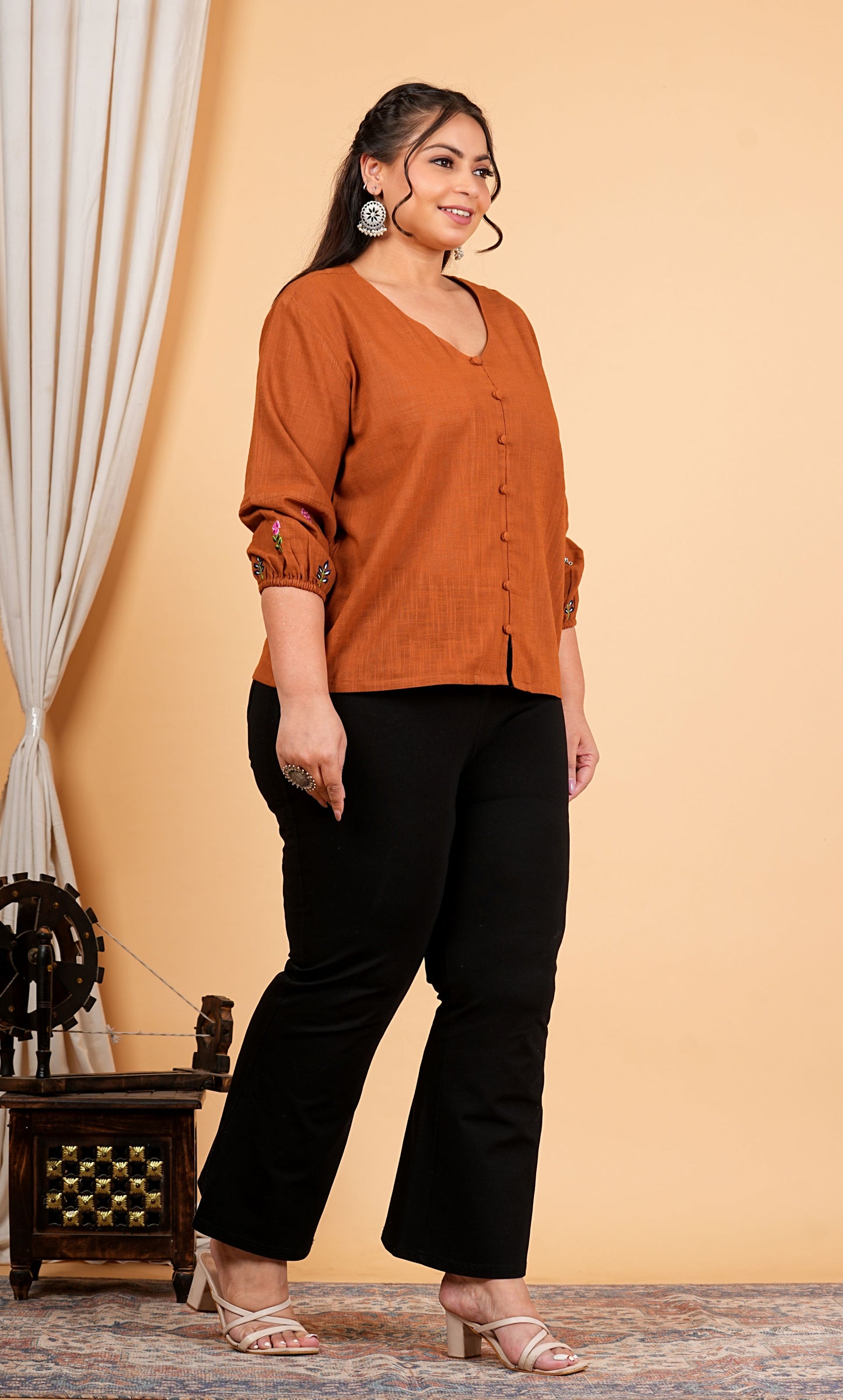 Yash Gallery Women’s Cotton Stripe Solid Brown Top with Embroidered Sleeves | V-Neck, 3/4 Puff Sleeves | Casual & Ethnic Wear