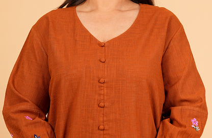 Yash Gallery Women’s Cotton Stripe Solid Brown Top with Embroidered Sleeves | V-Neck, 3/4 Puff Sleeves | Casual & Ethnic Wear