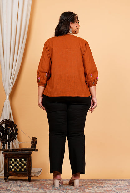 Yash Gallery Women’s Cotton Stripe Solid Brown Top with Embroidered Sleeves | V-Neck, 3/4 Puff Sleeves | Casual & Ethnic Wear