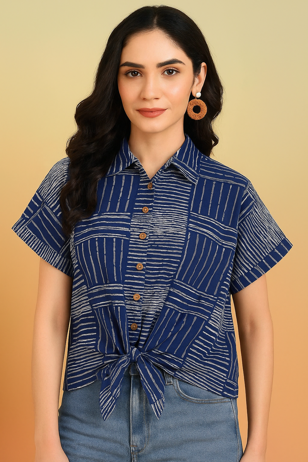 Yash Gallery Women's Cotton Geometrical Printed Half Sleeve Regular fit Collared Shirt (Blue)