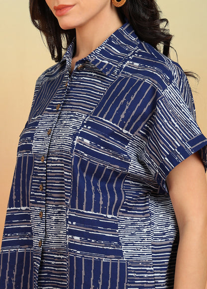 Yash Gallery Women's Cotton Geometrical Printed Half Sleeve Regular fit Collared Shirt (Blue)