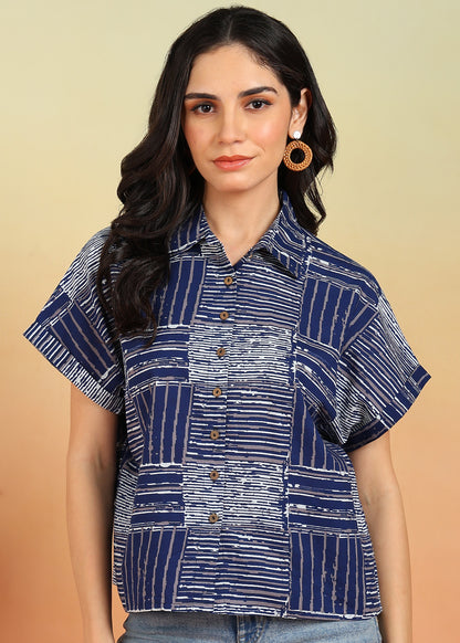 Yash Gallery Women's Cotton Geometrical Printed Half Sleeve Regular fit Collared Shirt (Blue)