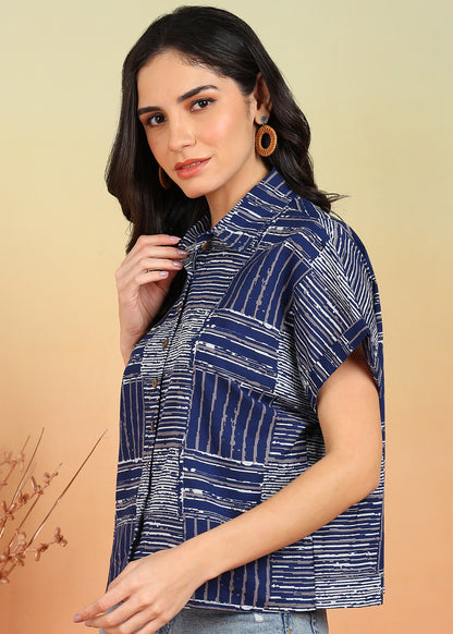 Yash Gallery Women's Cotton Geometrical Printed Half Sleeve Regular fit Collared Shirt (Blue)