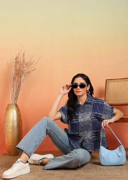 Yash Gallery Women's Cotton Geometrical Printed Half Sleeve Regular fit Collared Shirt (Blue)