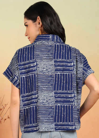 Yash Gallery Women's Cotton Geometrical Printed Half Sleeve Regular fit Collared Shirt (Blue)