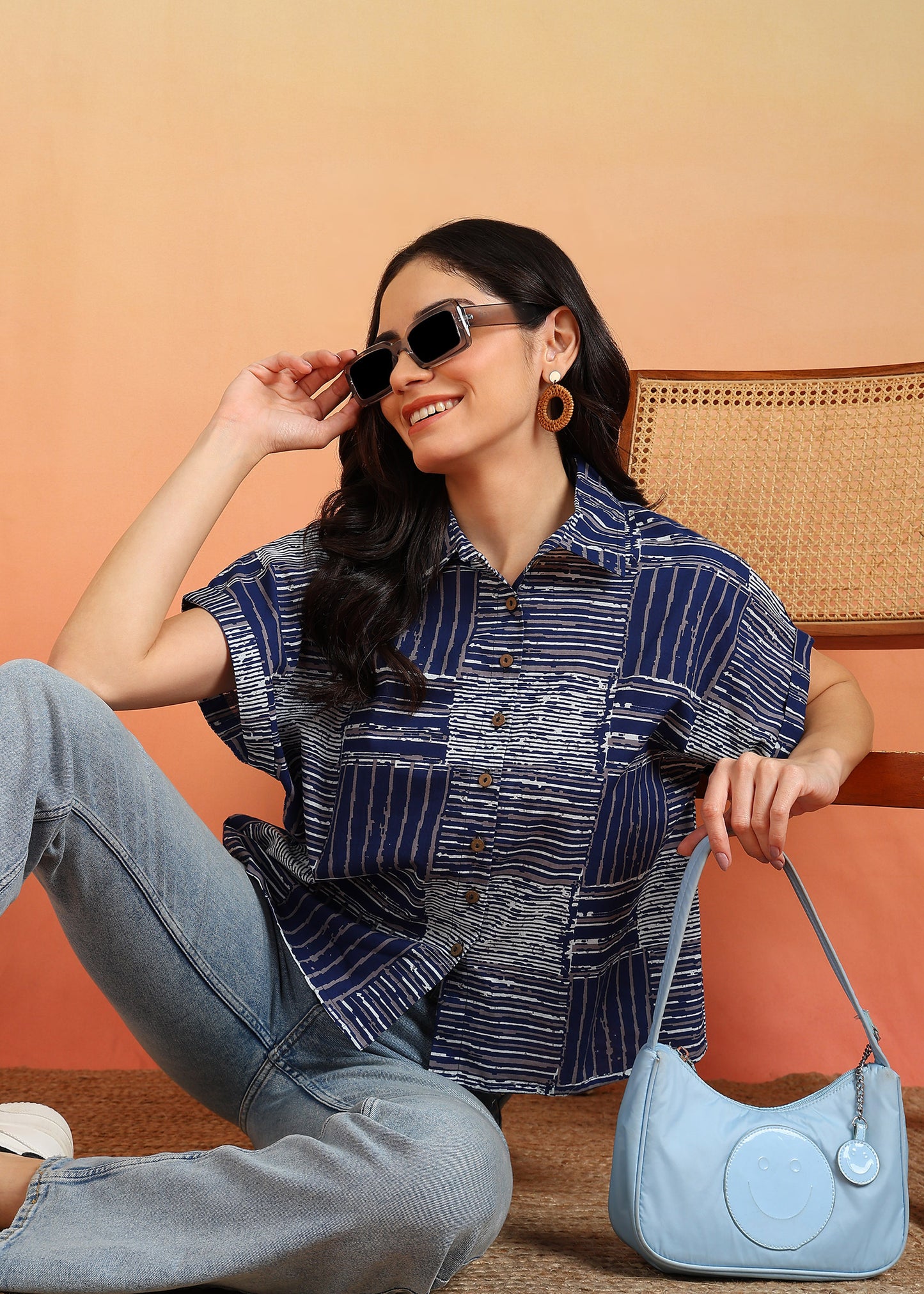 Yash Gallery Women's Cotton Geometrical Printed Half Sleeve Regular fit Collared Shirt (Blue)