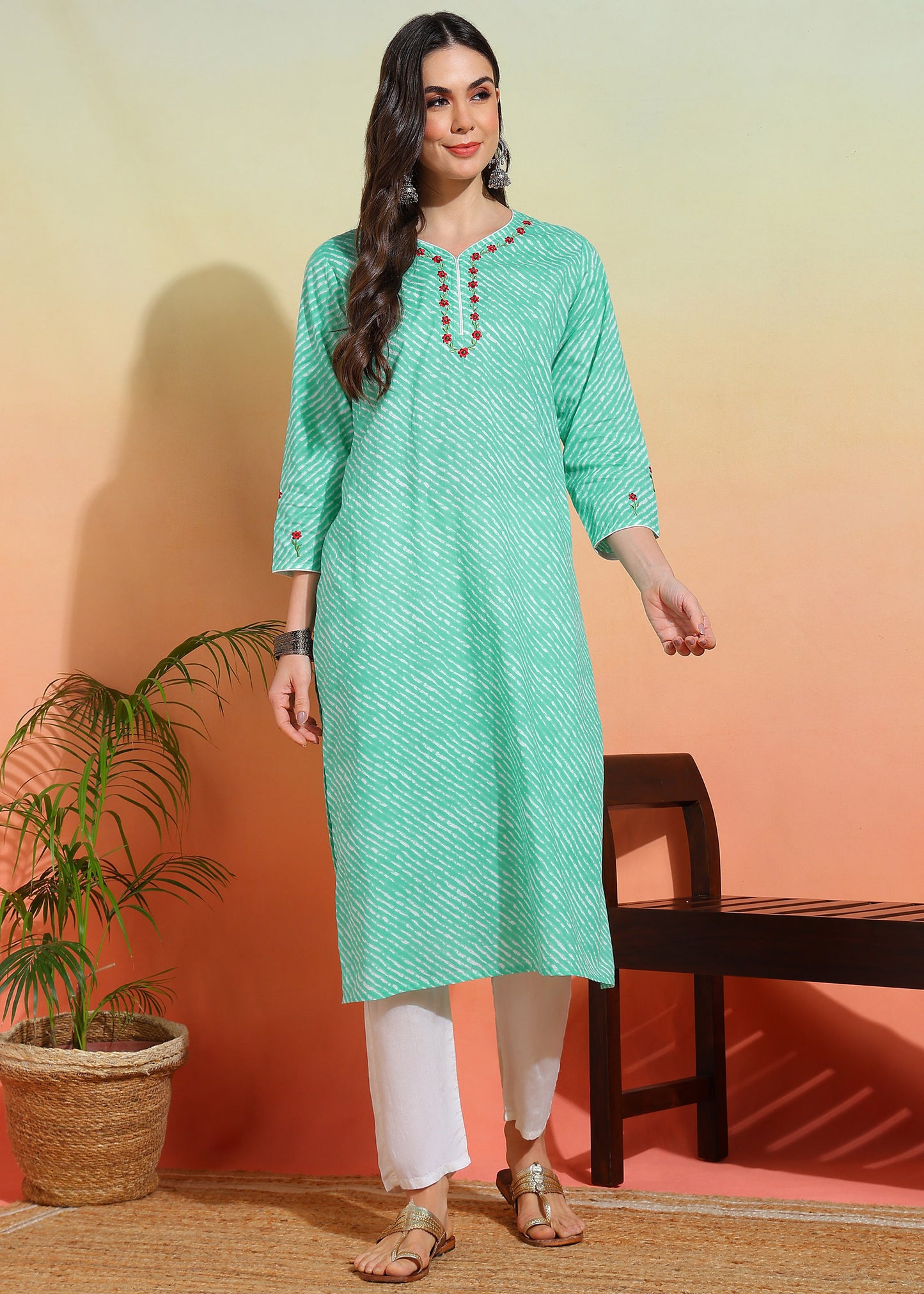 Yash Gallery Women’s Cotton Lehriya Print Straight Kurti with Embroidery  3/4 Sleeve Ethnic Kurta (Green)