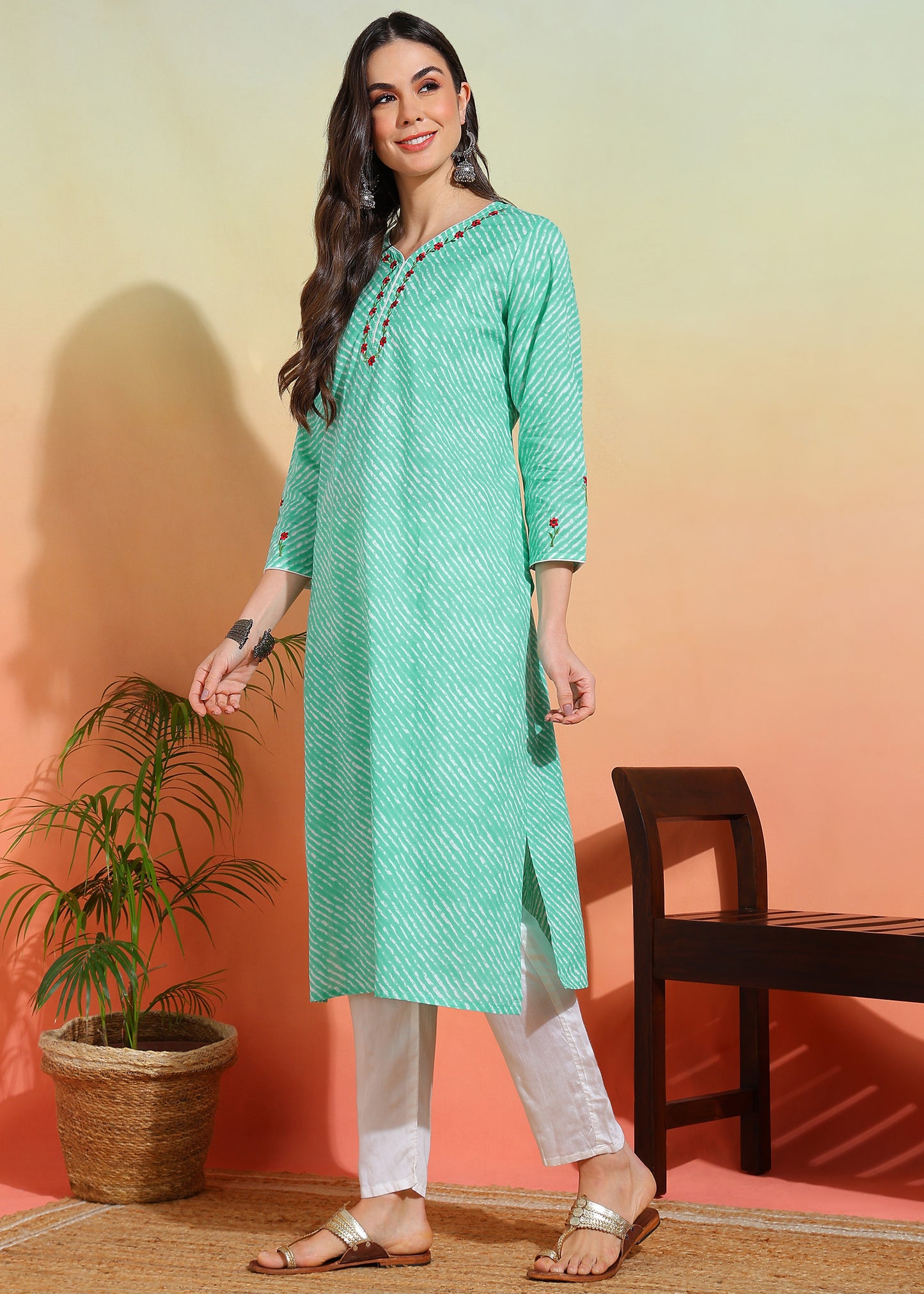 Yash Gallery Women’s Cotton Lehriya Print Straight Kurti with Embroidery  3/4 Sleeve Ethnic Kurta (Green)