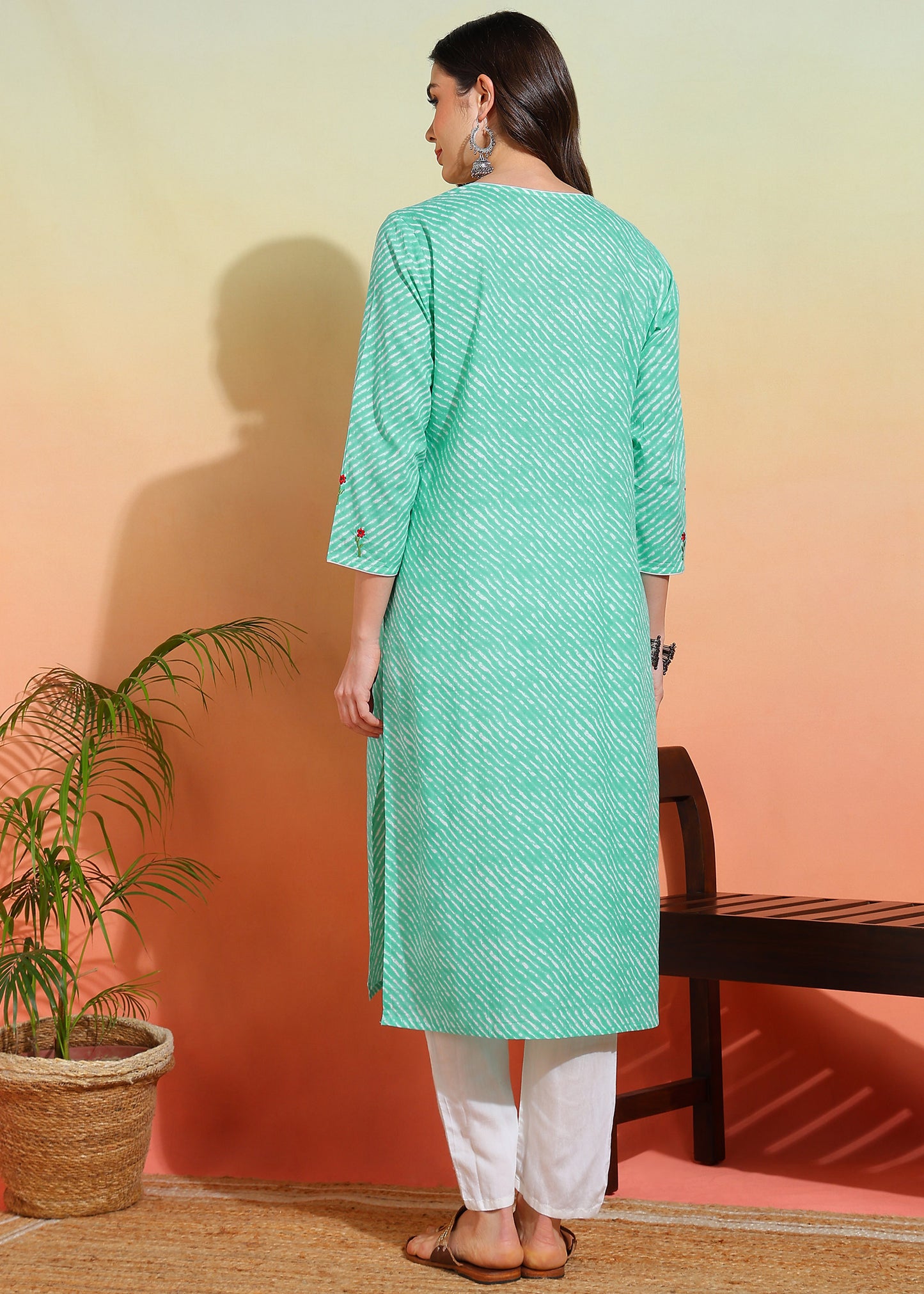 Yash Gallery Women’s Cotton Lehriya Print Straight Kurti with Embroidery  3/4 Sleeve Ethnic Kurta (Green)