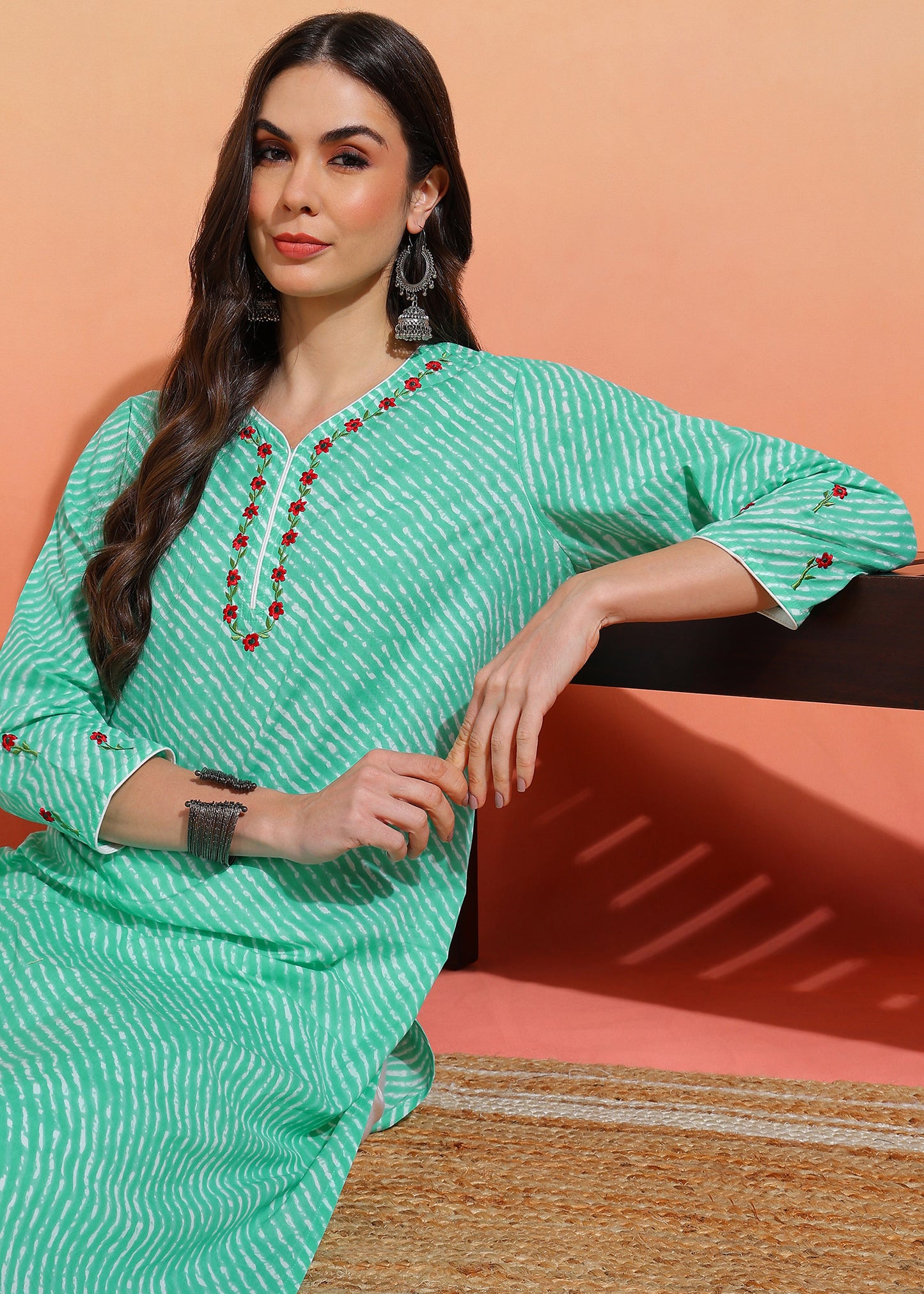 Yash Gallery Women’s Cotton Lehriya Print Straight Kurti with Embroidery  3/4 Sleeve Ethnic Kurta (Green)