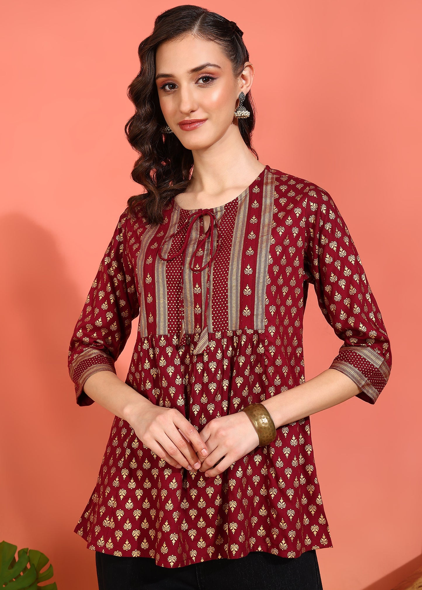 Yash Gallery Women's Plus  Size  Wine  Rayon Foil Print  Mid Thigh Length  3/4th  Heavy Yoke with Gather Short Kurti (Wine)