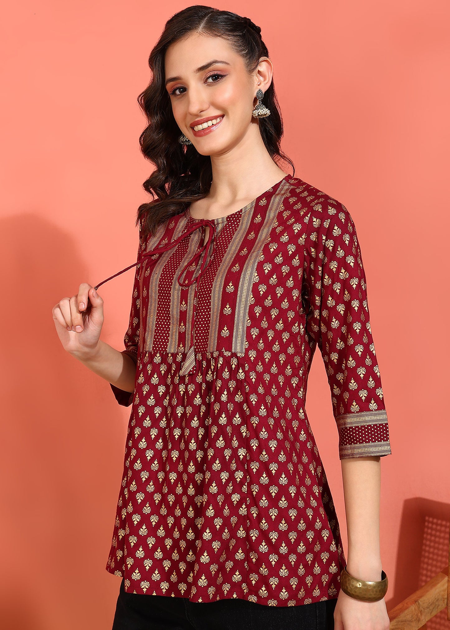 Yash Gallery Women's Plus  Size  Wine  Rayon Foil Print  Mid Thigh Length  3/4th  Heavy Yoke with Gather Short Kurti (Wine)