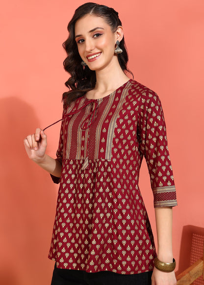 Yash Gallery Women's Plus  Size  Wine  Rayon Foil Print  Mid Thigh Length  3/4th  Heavy Yoke with Gather Short Kurti (Wine)