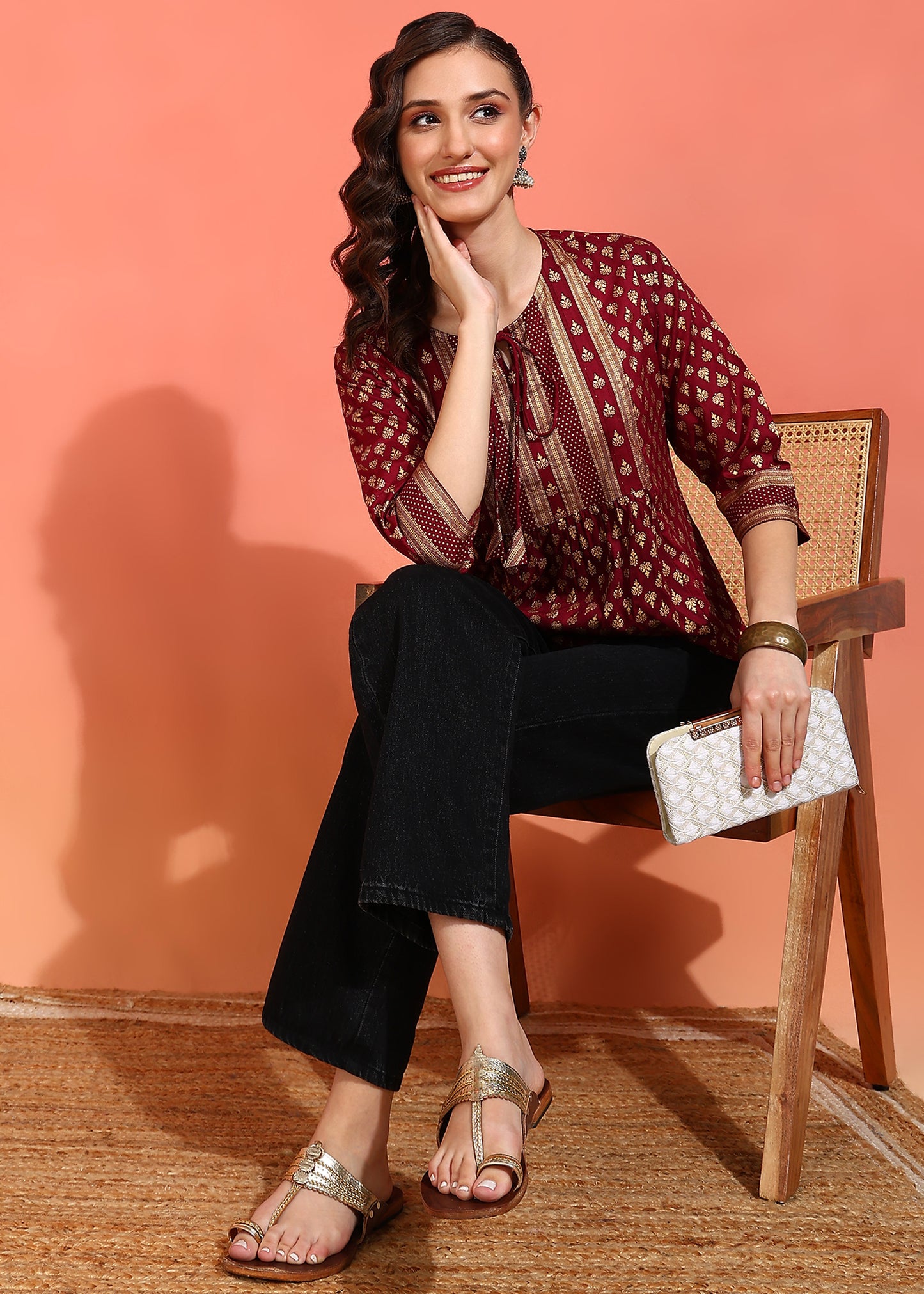 Yash Gallery Women's Plus  Size  Wine  Rayon Foil Print  Mid Thigh Length  3/4th  Heavy Yoke with Gather Short Kurti (Wine)