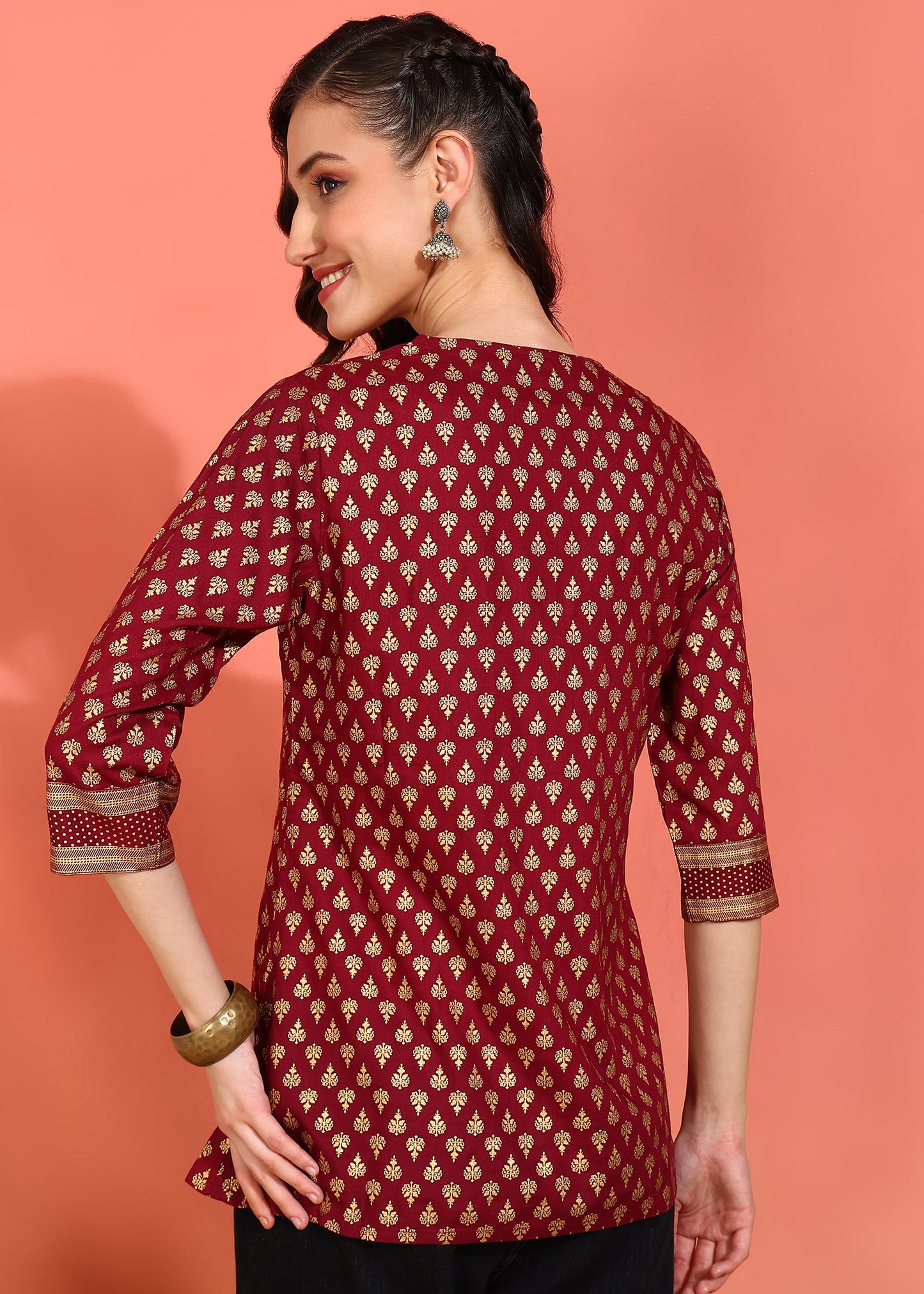 Yash Gallery Women's Plus  Size  Wine  Rayon Foil Print  Mid Thigh Length  3/4th  Heavy Yoke with Gather Short Kurti (Wine)