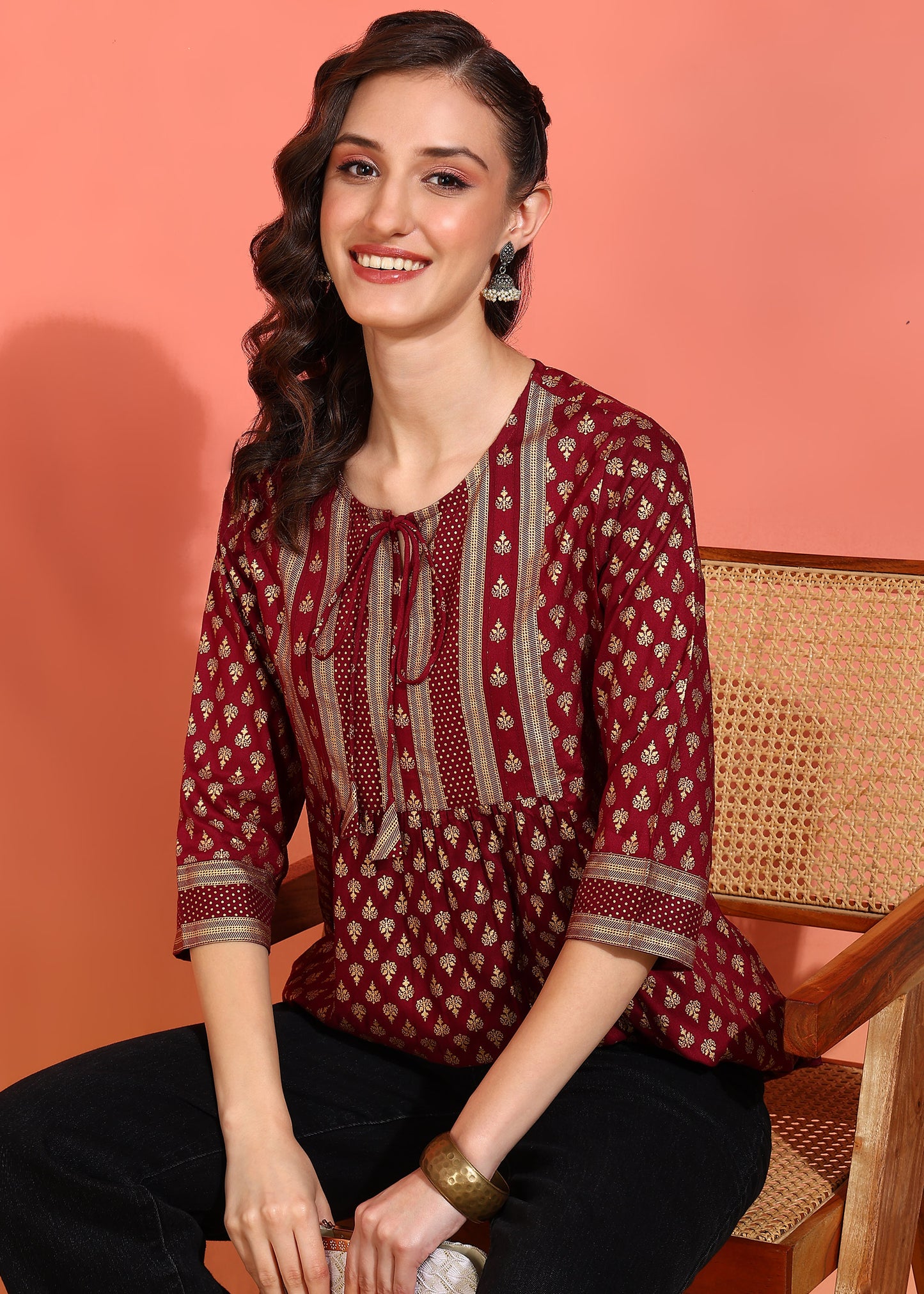 Yash Gallery Women's Plus  Size  Wine  Rayon Foil Print  Mid Thigh Length  3/4th  Heavy Yoke with Gather Short Kurti (Wine)