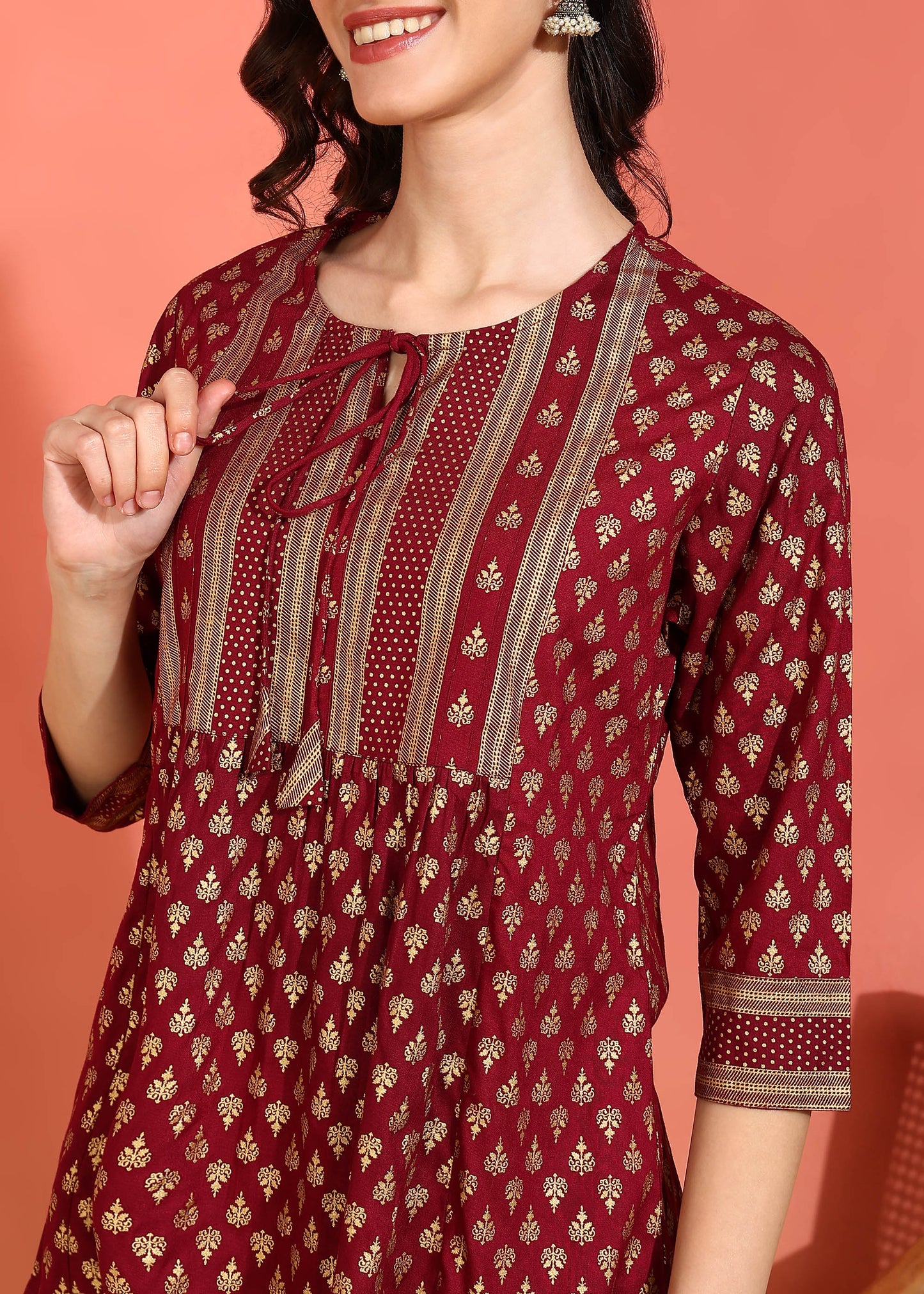 Yash Gallery Women's Plus  Size  Wine  Rayon Foil Print  Mid Thigh Length  3/4th  Heavy Yoke with Gather Short Kurti (Wine)