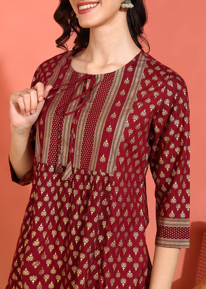 Yash Gallery Women's Plus  Size  Wine  Rayon Foil Print  Mid Thigh Length  3/4th  Heavy Yoke with Gather Short Kurti (Wine)