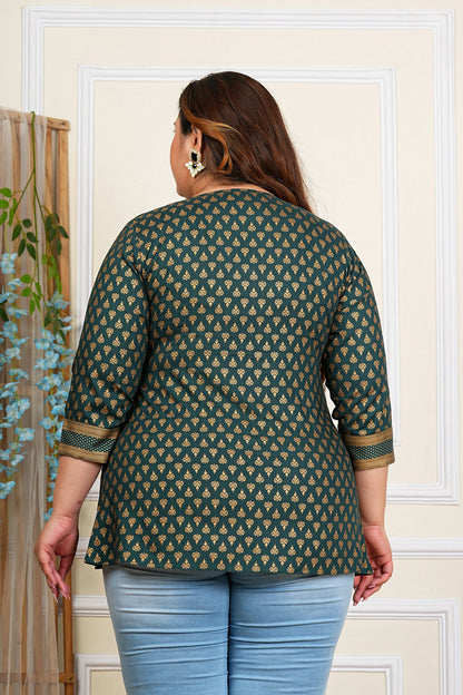 Yash Gallery Women's Plus Size Wine Rayon Foil Print Mid-Thigh Length 3/4th Heavy Yoke with Gather Short Kurti (Green)