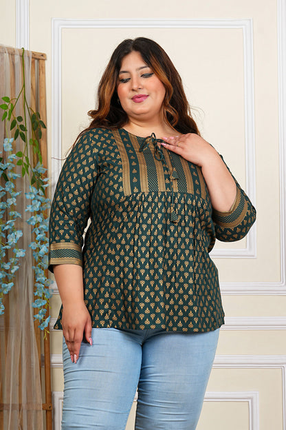 Yash Gallery Women's Plus Size Wine Rayon Foil Print Mid-Thigh Length 3/4th Heavy Yoke with Gather Short Kurti (Green)
