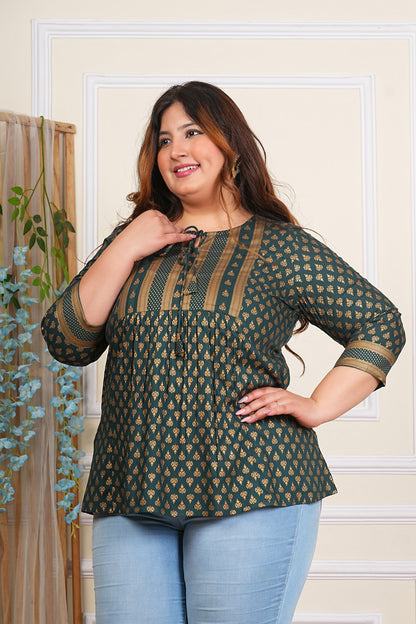 Yash Gallery Women's Plus Size Wine Rayon Foil Print Mid-Thigh Length 3/4th Heavy Yoke with Gather Short Kurti (Green)