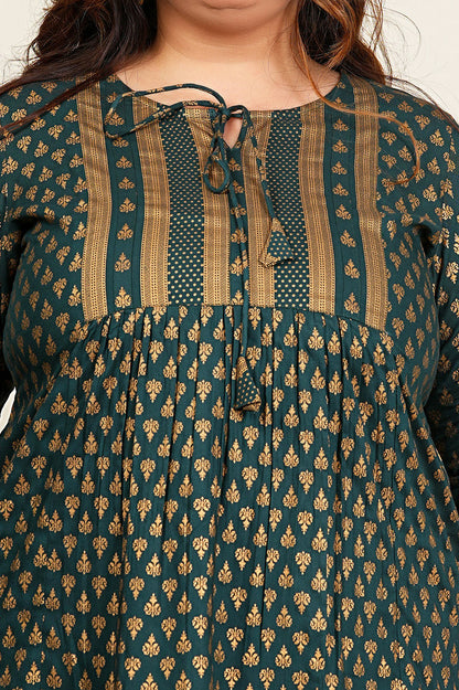 Yash Gallery Women's Plus Size Wine Rayon Foil Print Mid-Thigh Length 3/4th Heavy Yoke with Gather Short Kurti (Green)