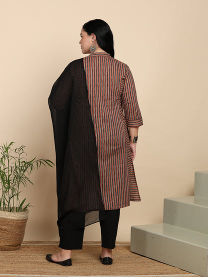 Yash Gallery Women’s Cotton Multi Striped Printed Straight Kurta with Pant & Dupatta