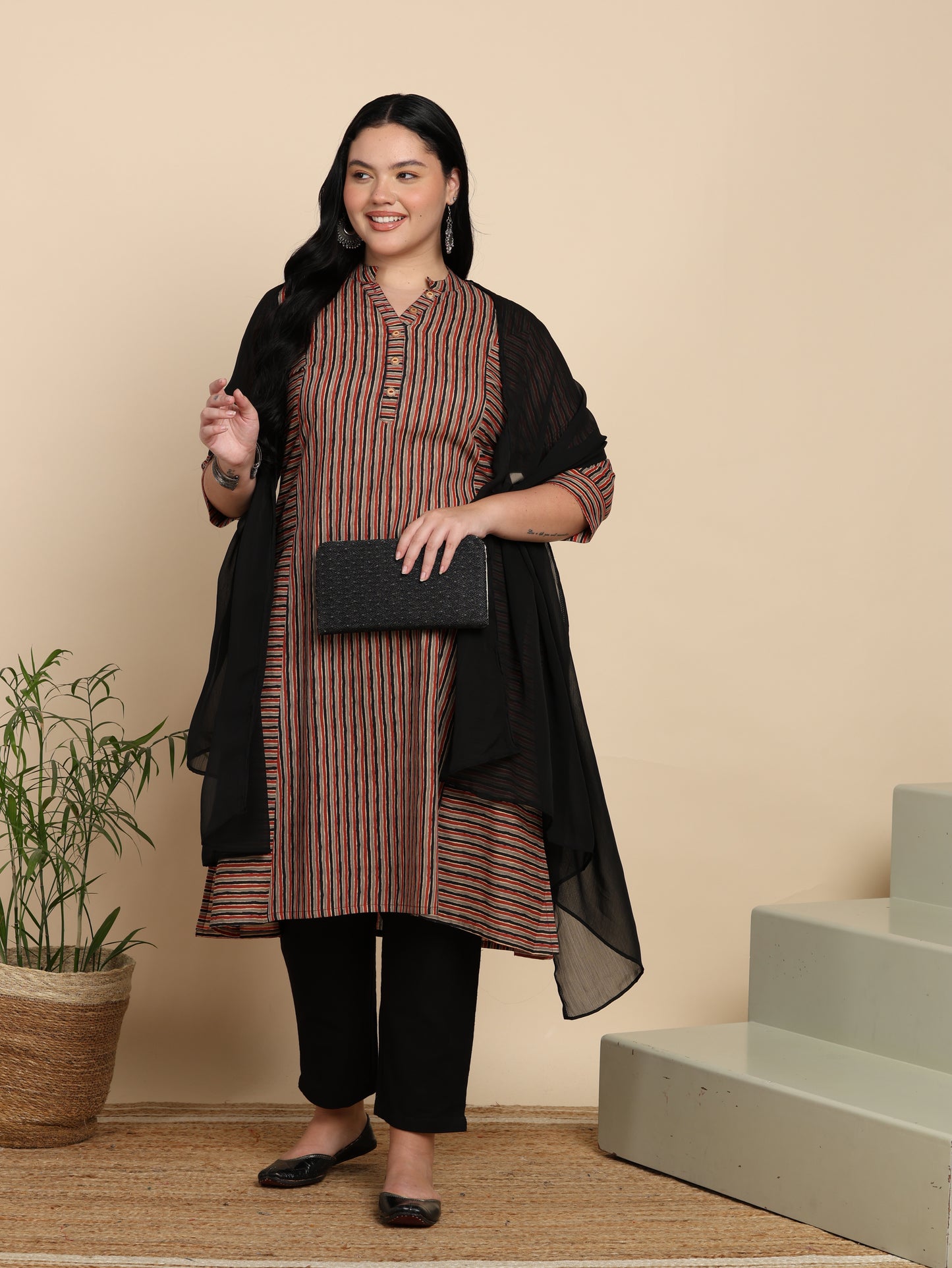 Yash Gallery Women’s Cotton Multi Striped Printed Straight Kurta with Pant & Dupatta