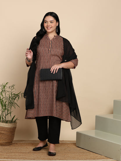 Yash Gallery Women’s Cotton Multi Striped Printed Straight Kurta with Pant & Dupatta